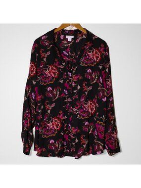 Liz Claiborne Button Front Long Sleeve Dark Floral Paisley Top Black Size 2X